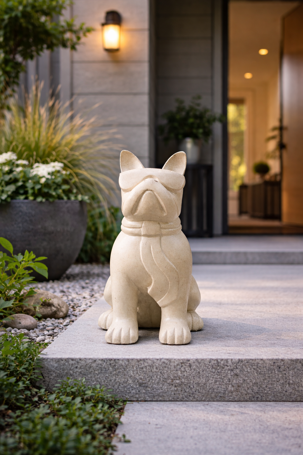 Hunde Statue modern – Garten Terrasse Wohnzimmer Deko – Wetterfest – Stein Figur Hund schwarz – 60 cm