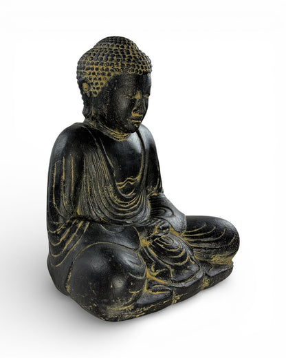 Buddha Skulptur sitzend – Garten Terrasse Balkon Deko – Wetterfest – Stein Figur Meditation schwarz gold – 30x26x20 cm