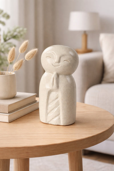 Jizo Figure - Garden Living Room Shelf Decor - Weatherproof - Stone Look Sculpture Zen Monk Light - 21x9x10 cm