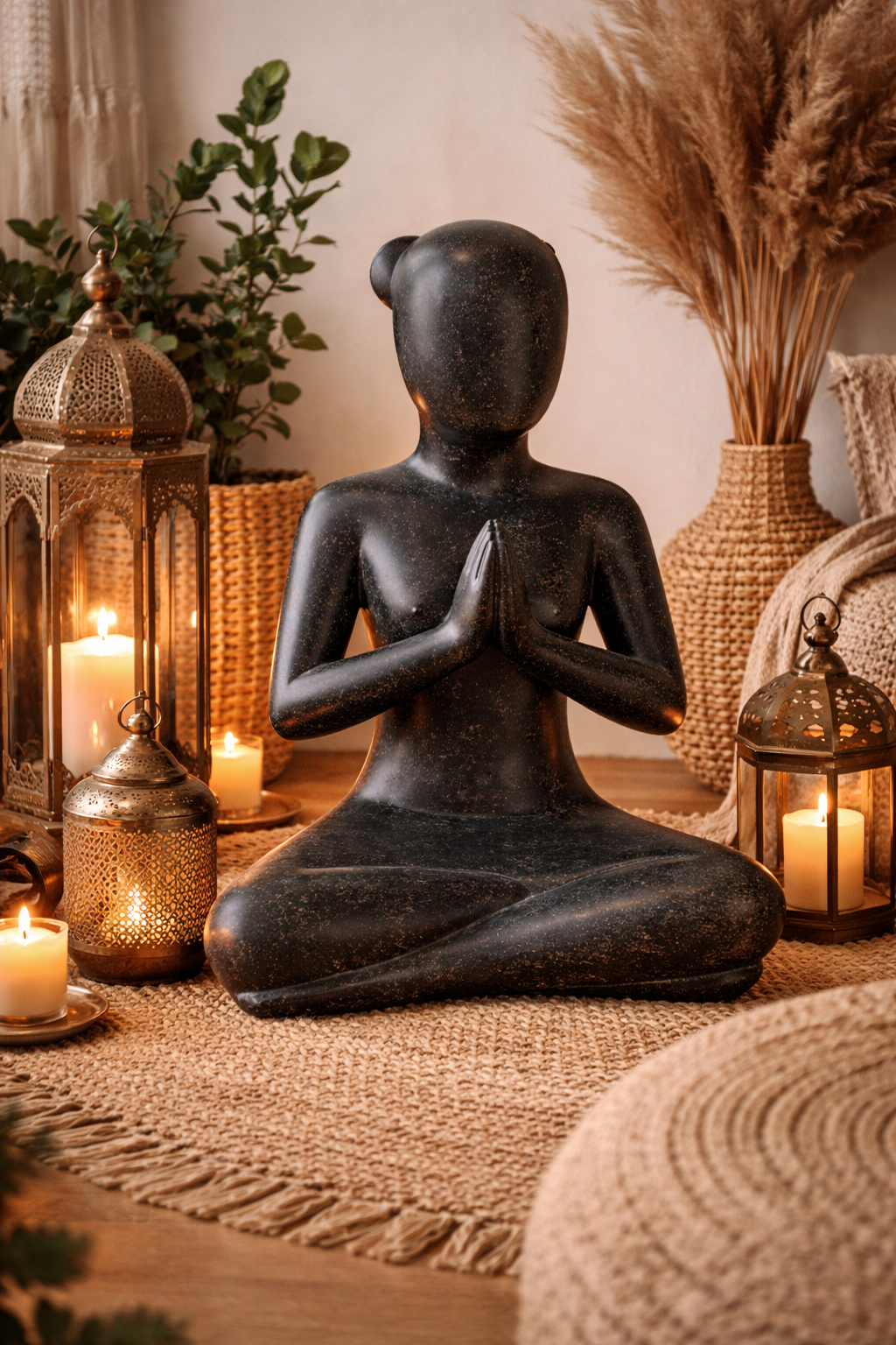 Yoga Figure Sitting Namaste – Living Room Studio Shelf Decor – Weatherproof – Stone Look Meditation Sculpture Black – in 3 Sizes