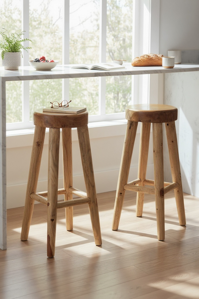 Barhocker aus massivem Holz – Handgefertigter rustikaler Holzhocker - Runde Sitzfläche für Küche, Bar & Essbereich - 30x75 cm