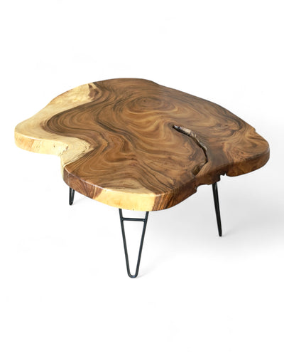 Wooden coffee table – side table – handmade – tree cross-section table top made of teak wood – 80-100 cm diameter