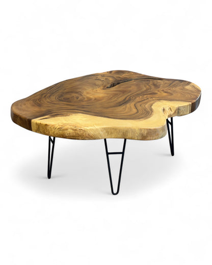 Holz Couchtisch – Beistelltisch Ablagetisch – Handgefertigt – Baumquerschnitt-Tischplatte aus Teakholz – 80–100 cm Durchmesser