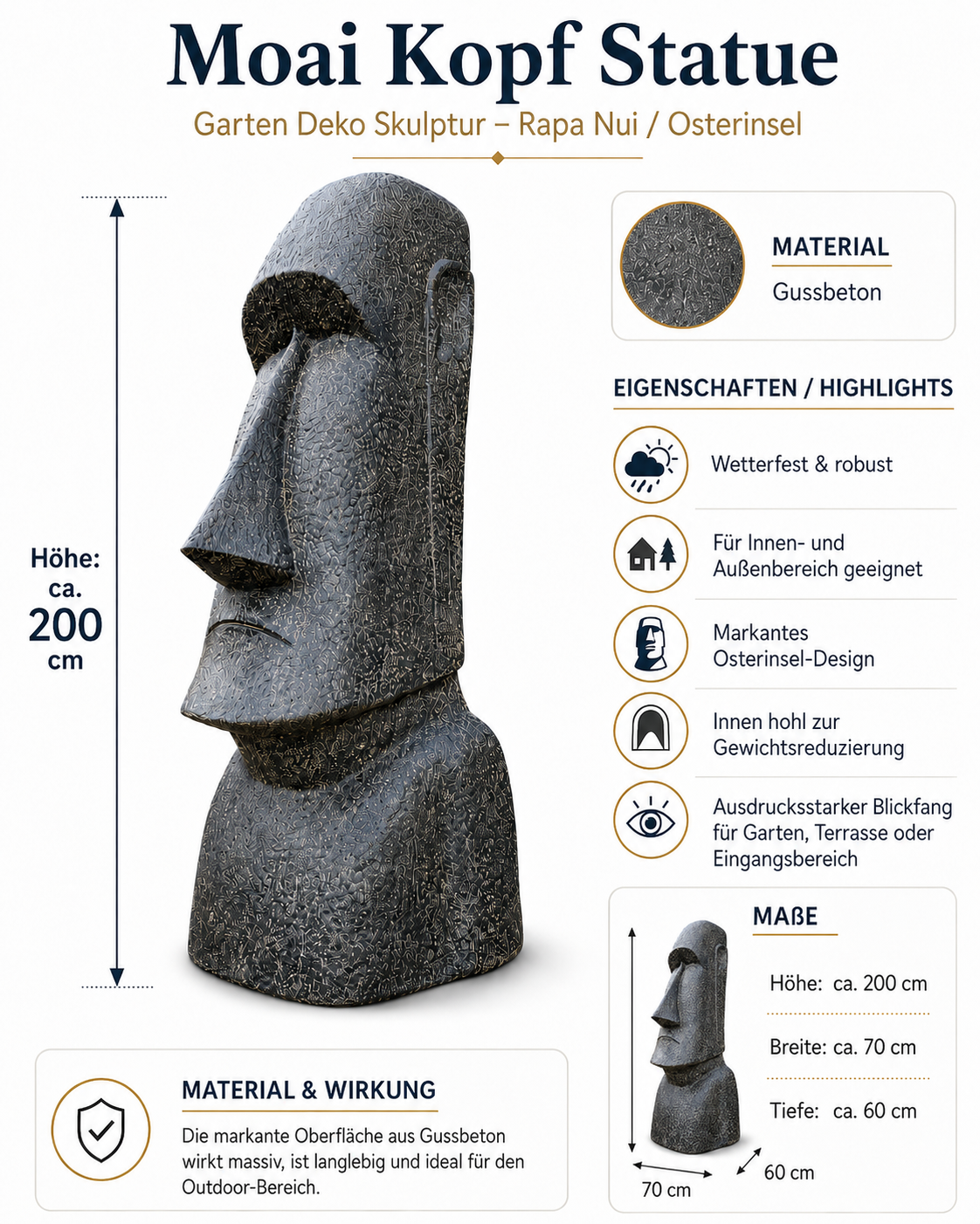 Statue de tête de Moaï - Sculpture décorative de jardin - Résistante aux intempéries - Figurine Rapa Nui de l'île de Pâques en fibre de verre et béton gris - 200 x 70 x 60 cm