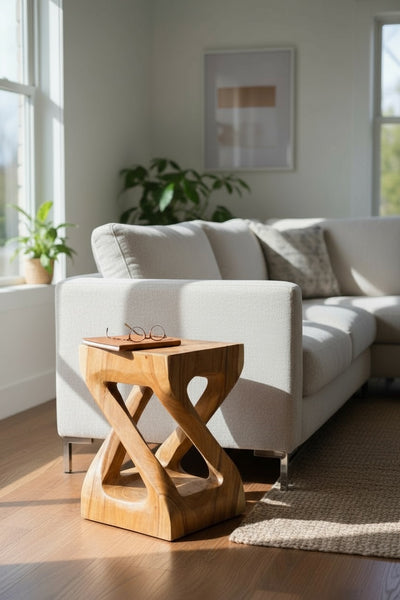 Wooden side table - wooden stool coffee table - handmade - angularly turned from solid suar wood - 50x28x28 cm 