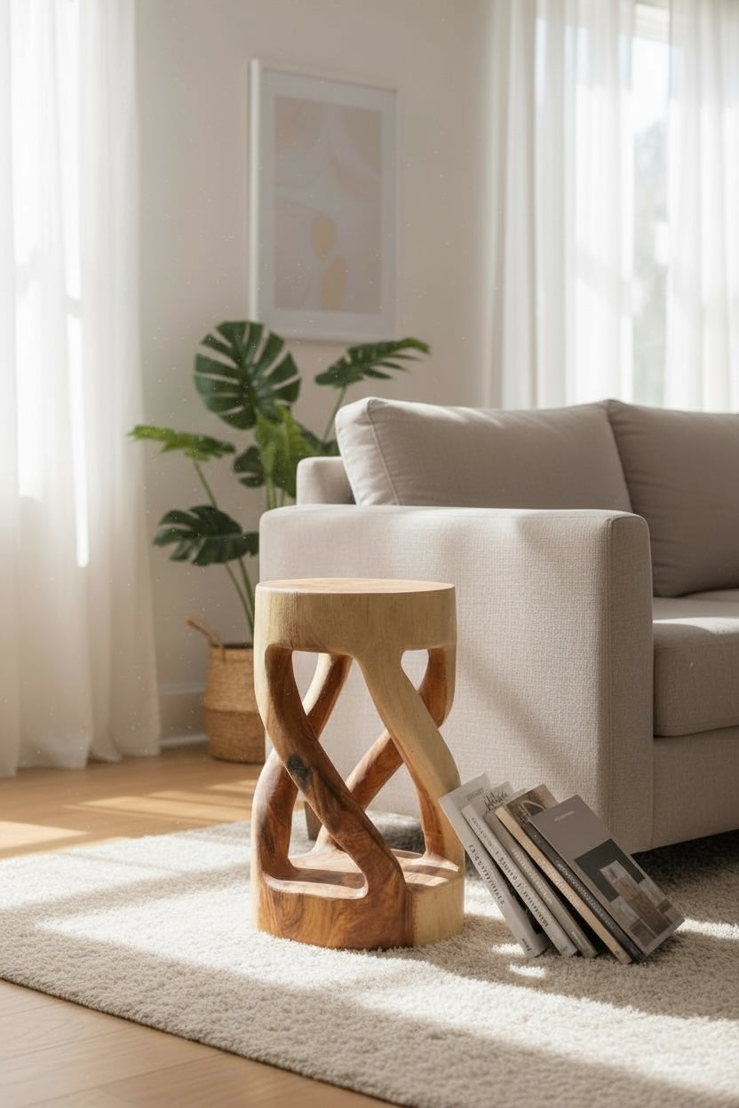 Holzhocker - Beistelltisch Blumenhocker Ablagetisch - Unikat Handgefertigt  - Rund Gedreht aus massivem Suarholz - 50x28x28 cm