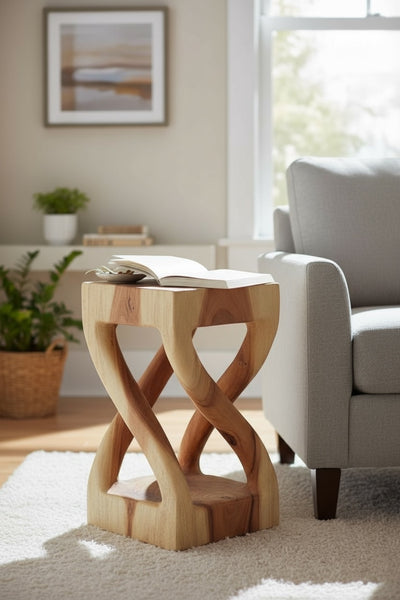 Wooden side table - wooden stool coffee table - handmade - turned from light solid suar wood - 50x28x28 cm