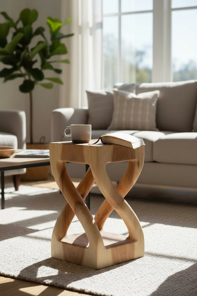 Wooden side table - wooden stool coffee table - handmade - turned from light solid suar wood - 50x28x28 cm