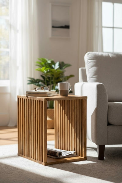 Teak side table - wooden stool coffee table - handmade from solid wood - wooden slats cube - 45x35x40 cm
