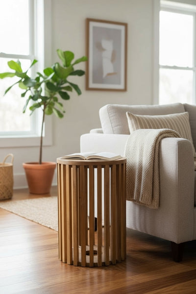 Teak side table - wooden stool coffee table - handmade from solid wood - round wooden slats - 50x30x30 cm