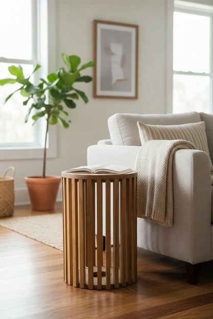 Teakholz-Beistelltisch - Holzhocker Couchtisch - Handgefertigt aus Massivholz – Holzleisten Rund - 50x30x30 cm