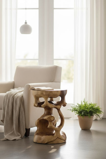 Wooden side table - wooden stool, flower stool, stool - handmade - round in bonsai style, saman wood - 40x30x30 cm