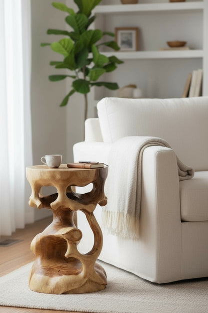 Wooden side table - wooden stool, flower stool, stool - handmade - round in bonsai style, saman wood - 40x30x30 cm