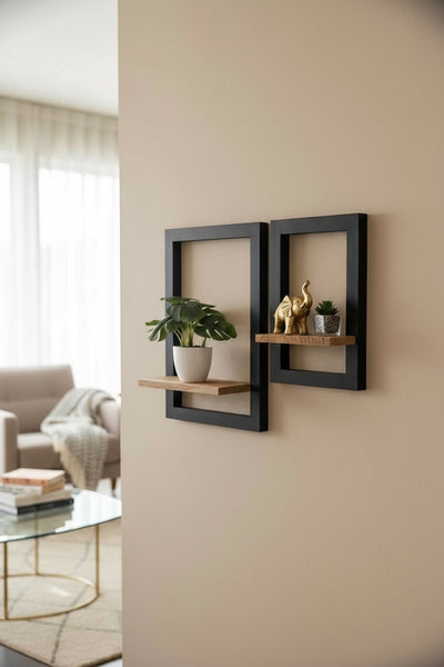 Wooden Hanging Shelf - Wall Shelf Storage Shelf - Modern Black Frame Natural Brown Storage Surface - Set of 2 - 60x40x2 &amp; 40x30x2 cm