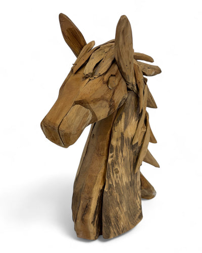 Unique piece: Teak wood horse head sculpture – Handcrafted animal figure made of natural wood for living space &amp; decoration