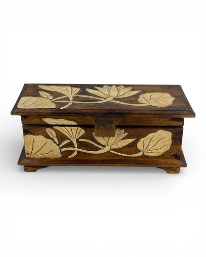 Unique piece: Decorative teak wood chest with floral decoration - 37.5 × 16 × 16 cm