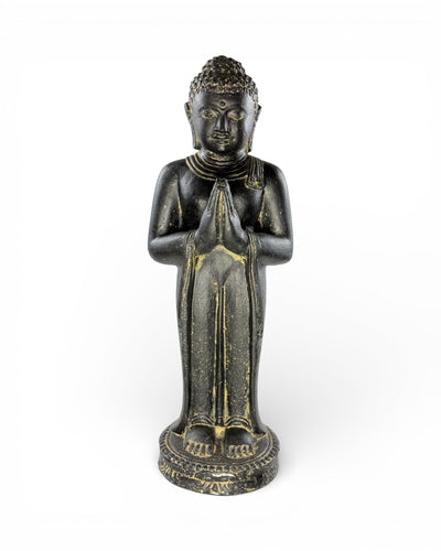 Buddha Figurine Standing Praying – Garden Terrace Entrance Decoration – Weatherproof – Stone Statue Namaste Black Gold – 50x18x16 cm