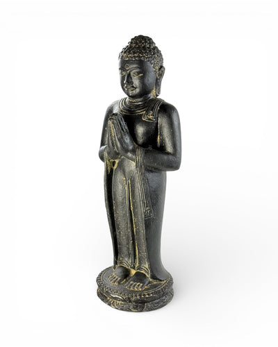 Buddha Figurine Standing Praying – Garden Terrace Entrance Decoration – Weatherproof – Stone Statue Namaste Black Gold – 50x18x16 cm