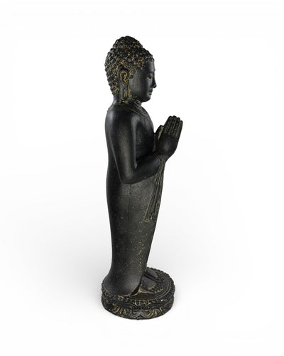 Buddha Figurine Standing Praying – Garden Terrace Entrance Decoration – Weatherproof – Stone Statue Namaste Black Gold – 50x18x16 cm