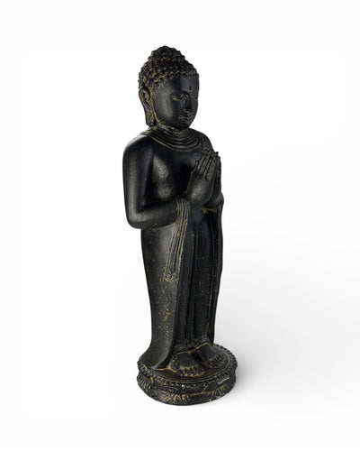 Buddha Figurine Standing Praying – Garden Terrace Entrance Decoration – Weatherproof – Stone Statue Namaste Black Gold – 50x18x16 cm