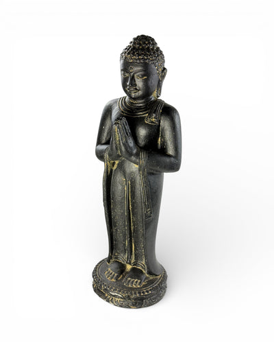 Buddha Figurine Standing Praying – Garden Terrace Entrance Decoration – Weatherproof – Stone Statue Namaste Black Gold – 50x18x16 cm