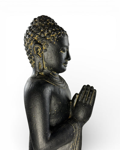 Buddha Figurine Standing Praying – Garden Terrace Entrance Decoration – Weatherproof – Stone Statue Namaste Black Gold – 50x18x16 cm