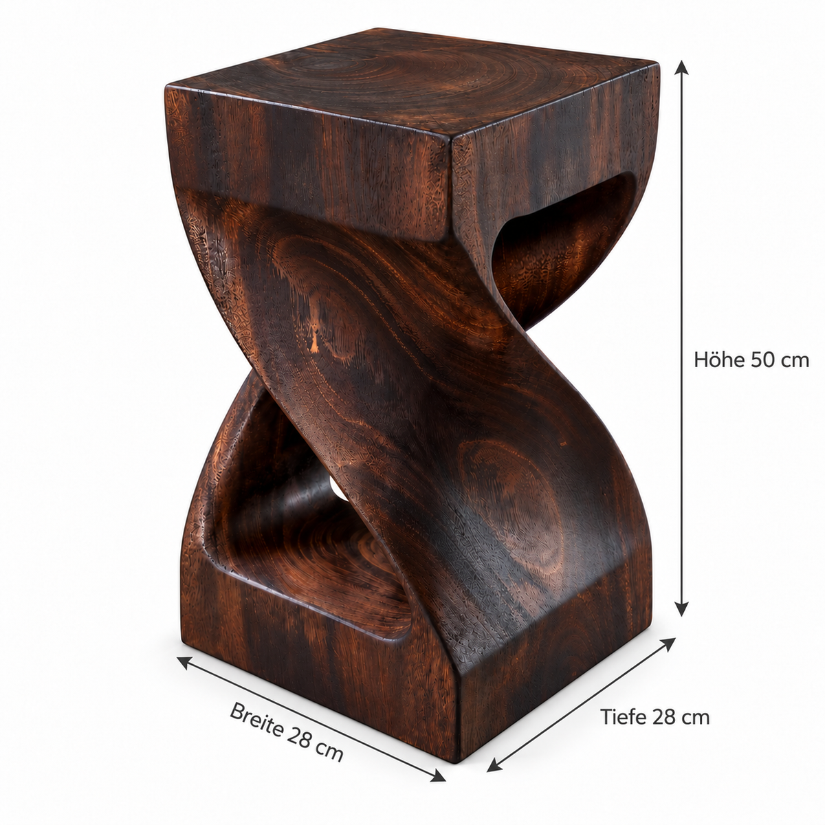 Holz Beistelltisch – Nachttisch Ablagetisch – Gedreht aus flambiertem Massivholz – Schwarzbraun – 50x28x28 cm