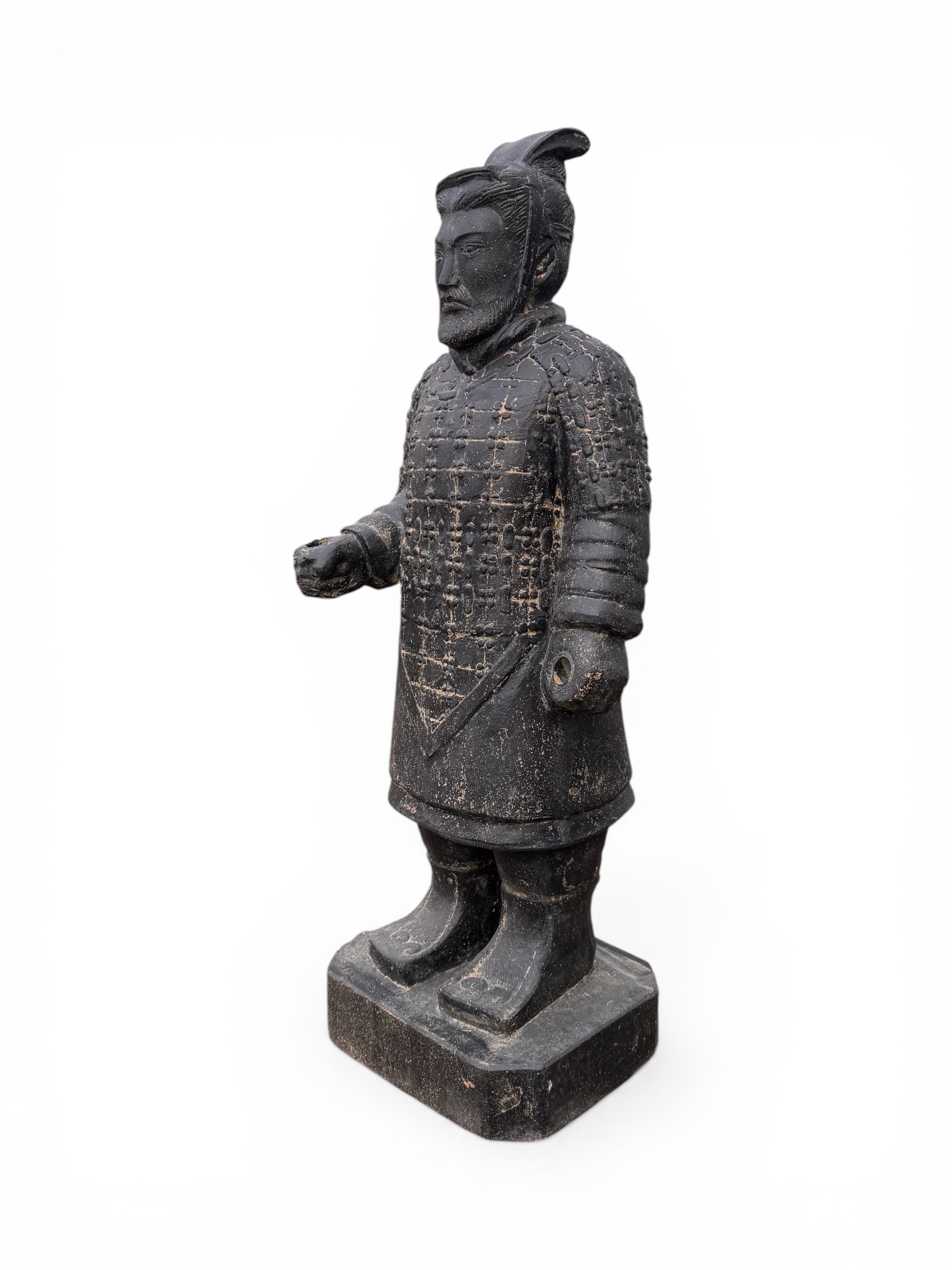 FaHome black stone cast Terracotta Warrior statue, 100cm tall, detailed armour, for garden or home decor.