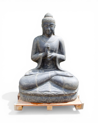 FaHome large grey stone Buddha statue in meditative pose, 150cm, for outdoor garden decor.