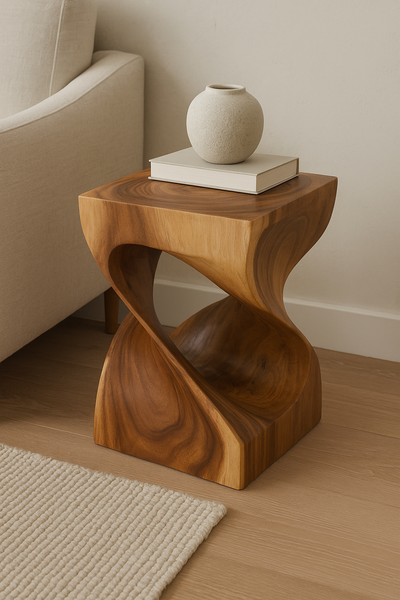 Wooden stool - side table, plant stand, storage table - unique, handmade piece - turned from solid saman wood - 45x30x30 cm