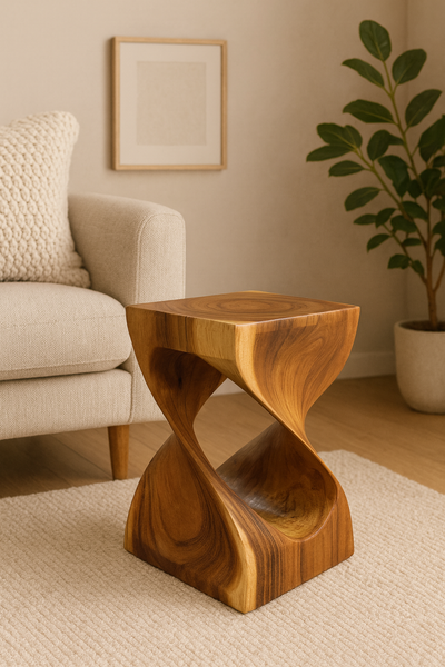 Wooden stool - side table, plant stand, storage table - unique, handmade piece - turned from solid saman wood - 45x30x30 cm