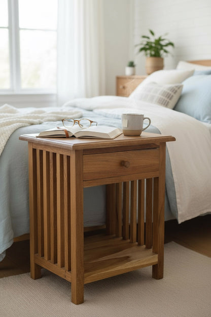 Holz Nachtkommode – Beistelltisch Nachttisch Nachtschrank – Vintage-Look aus massiven Teakholz - 50x40x30 cm