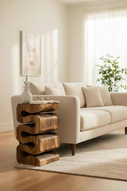 Holzhocker - Beistelltisch Blumenhocker Ablagetisch - Handgefertigt  - Flambiert Schlange aus massivem Suarholz- 50x30x30 cm