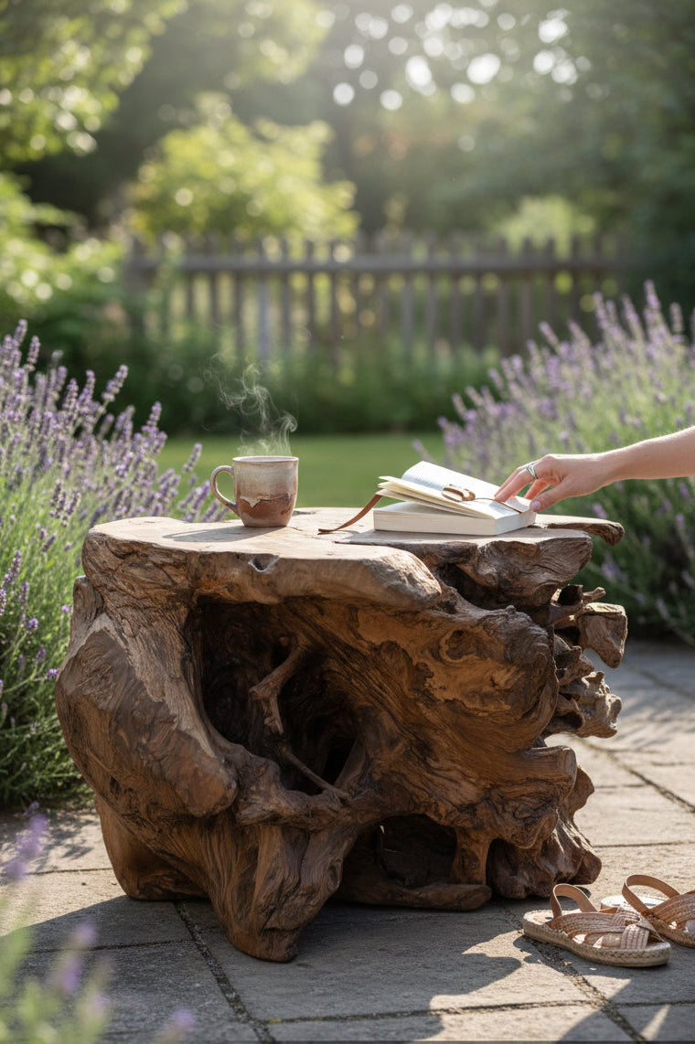 Einzelstück: Einzigartiger Garten-Wurzelholztisch aus Teak - 42 × 70 × 60 cm