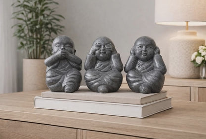 Buddha Figuren Set 3-teilig – Garten Terrasse Balkon Deko – Wetterfest – Stein Skulpturen Sehe nichts Höre nichts Sage nichts – 30 cm