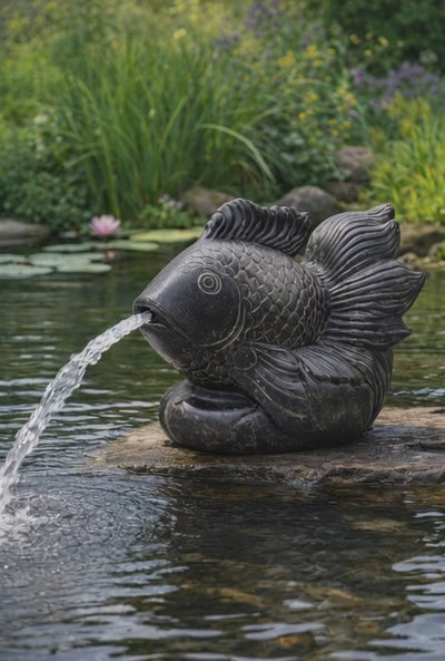 Koi Fish Fountain – Garden Terrace Pond Decoration – Weatherproof – Stone Figure Water Feature – 60 cm