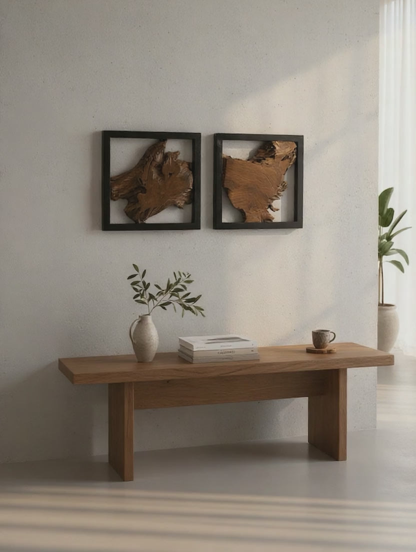 Charger la vidéo: Teak wood wall decoration with black frame – handcrafted solid wood unique piece – modern wall art made of natural wood – 40x40x3.5 cm