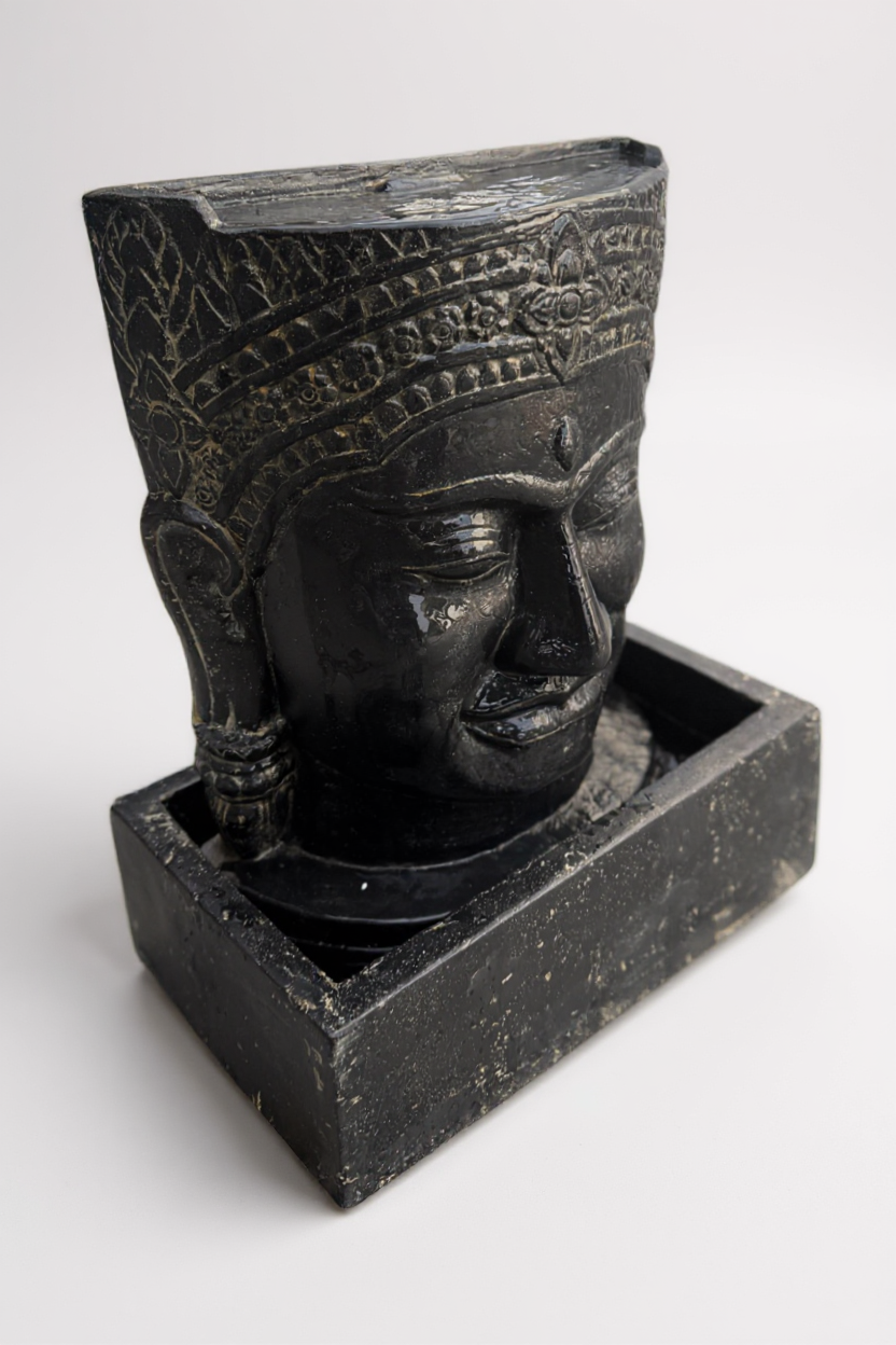 Fontaine Tête Khmère - Cascade décorative de jardin - Résistante aux intempéries - Fontaine Bouddha en pierre moulée - 57 x 48,5 x 28 cm