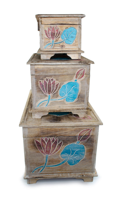 Coffre en bois - Coffre de rangement coffre aux trésors boîte aux trésors boîte en bois - Sculpté - Décor floral turquoise rouge - 38, 48, 58 cm
