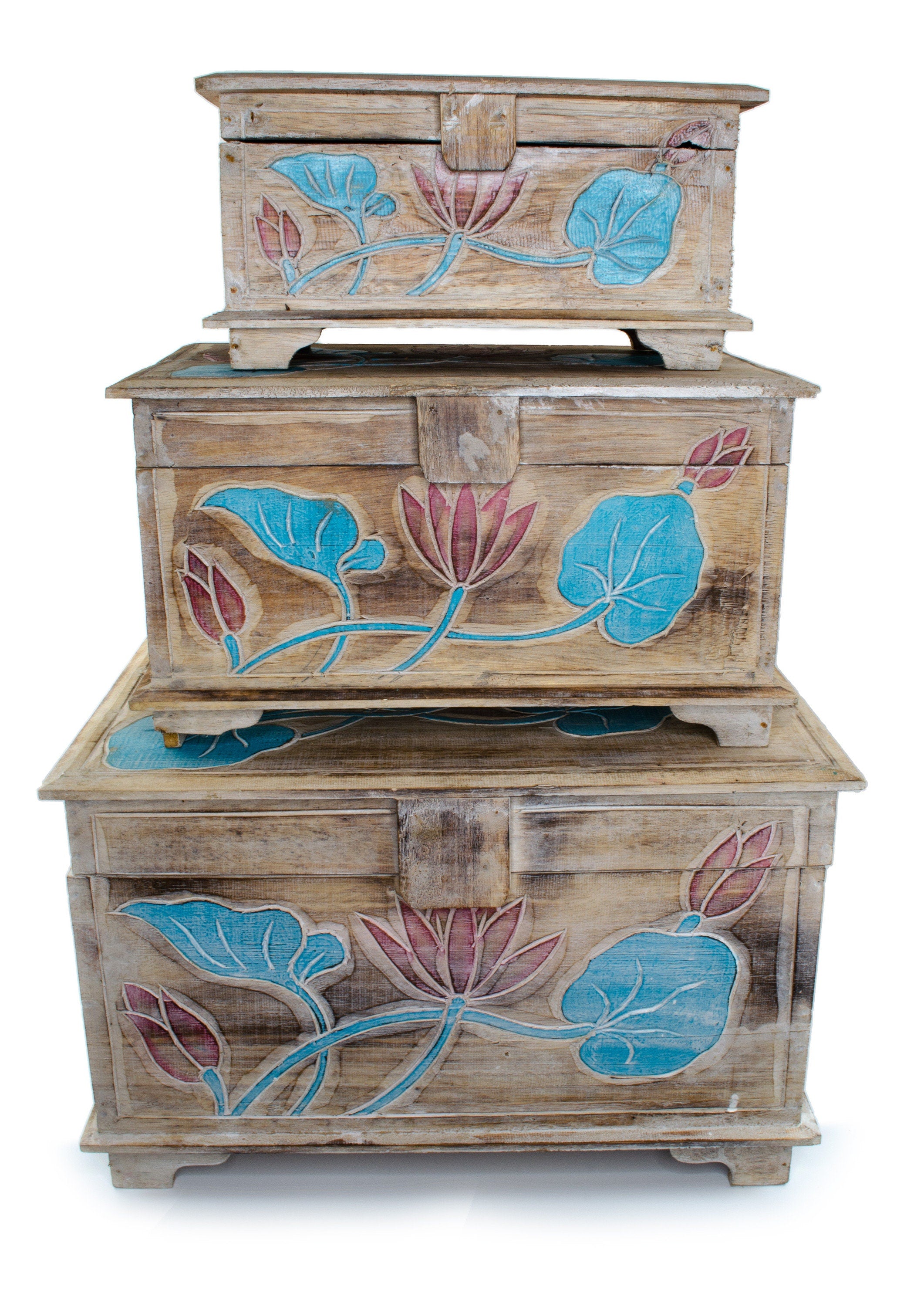 Coffre en bois - Coffre de rangement coffre aux trésors boîte aux trésors boîte en bois - Sculpté - Décor floral turquoise rouge - 38, 48, 58 cm