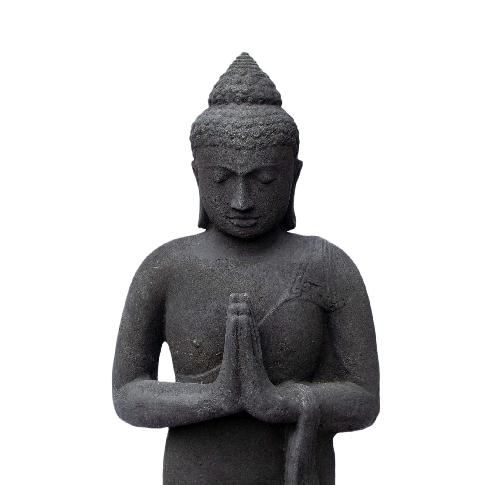 Buddha Figur Stein Garten stehend Lavasand 120 cm Groß Skulptur Wetterfest Statue Frostfest massiv Guss Schwarz