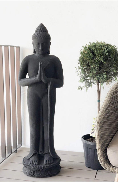 Buddha Figure Stone Garden Standing Lava Sand 120 cm Large Sculpture Weatherproof Statue Frostproof Solid Cast Black