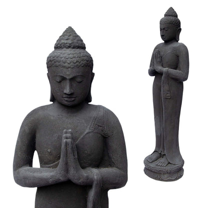 Buddha Figure Stone Garden Standing Lava Sand 120 cm Large Sculpture Weatherproof Statue Frostproof Solid Cast Black