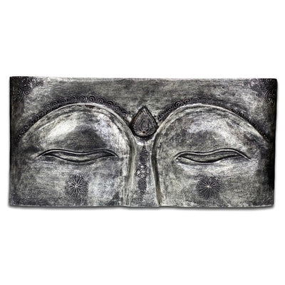Buddha Eyes - Wall Picture Painting - Slotted Relief Wood - Albasia Wood Grey - 78x40x4 cm