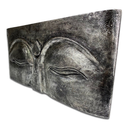 Buddha Eyes - Wall Picture Painting - Slotted Relief Wood - Albasia Wood Grey - 78x40x4 cm