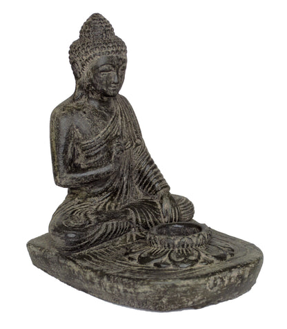 Bouddha assis - Bougeoir décoratif pour bougie chauffe-plat - Figurine en pierre moulée - Mélange de pierres de lave et de sable - 25 x 20 x 22 cm