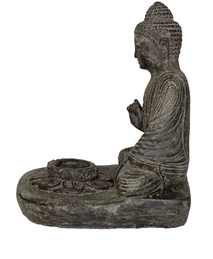 Bouddha assis - Bougeoir décoratif pour bougie chauffe-plat - Figurine en pierre moulée - Mélange de pierres de lave et de sable - 25 x 20 x 22 cm