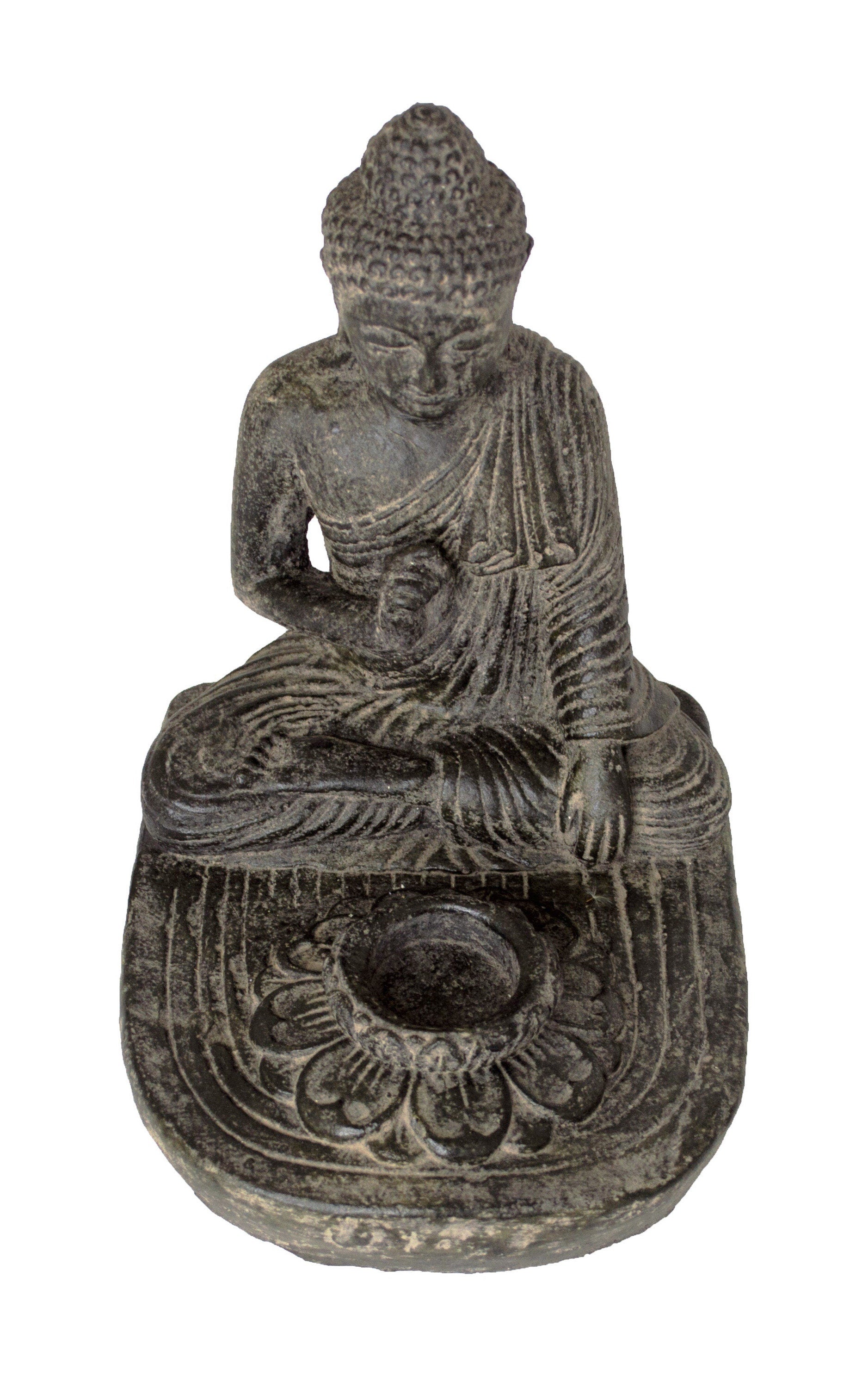 Bouddha assis - Bougeoir décoratif pour bougie chauffe-plat - Figurine en pierre moulée - Mélange de pierres de lave et de sable - 25 x 20 x 22 cm
