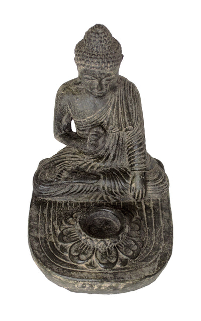 Sitting Buddha - Tealight Decorative Candle Holder - Cast Stone Figure - Lava-Sand Stone Mixture - 25x20x22 cm