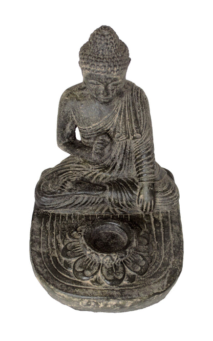 Bouddha assis - Bougeoir décoratif pour bougie chauffe-plat - Figurine en pierre moulée - Mélange de pierres de lave et de sable - 25 x 20 x 22 cm